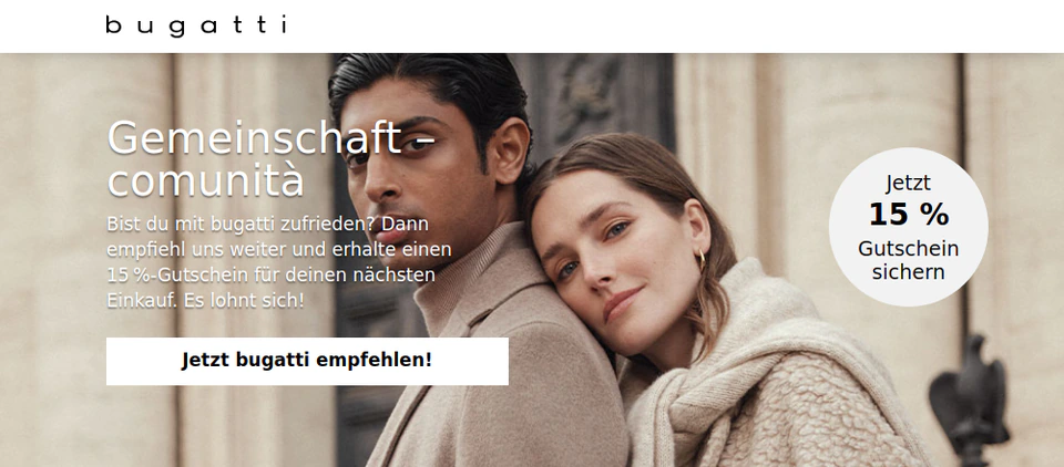 Startansicht der Empfehlungsseite von bugatti